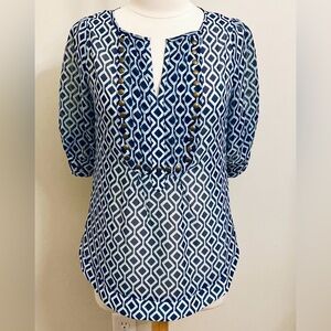 41 Hawthorn Navy Blue Geometric Print Studded Detail Semi Sheer Career Top SZ S